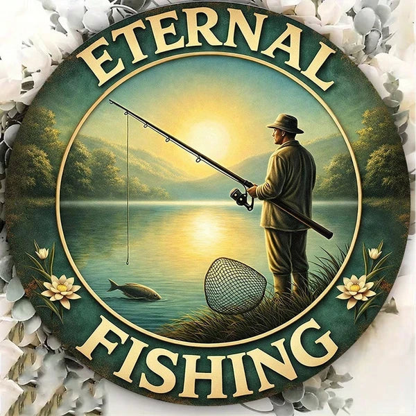 Retro Fishing 2D Flat Round Metal Sign - 8x8in Plaque