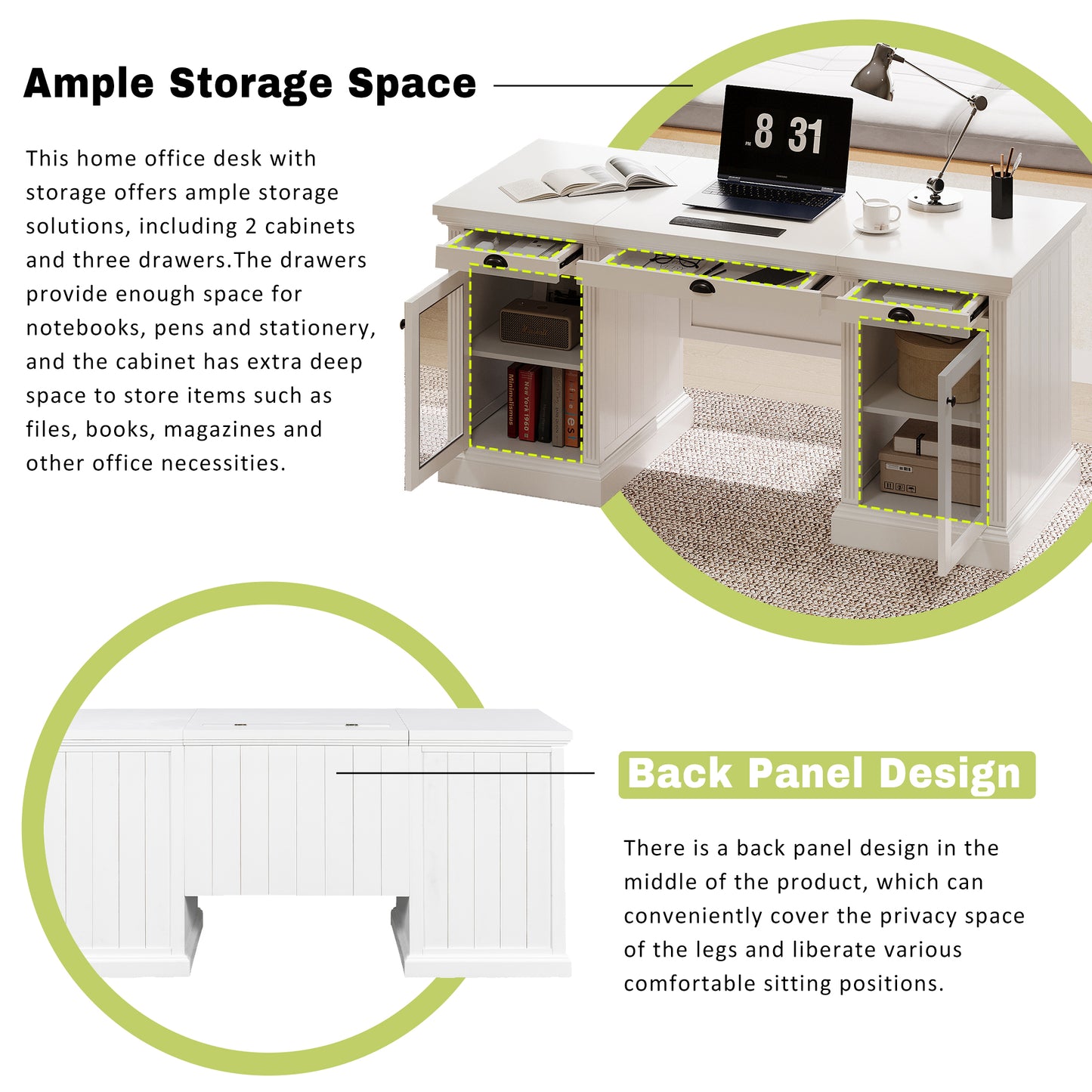 67 Modern Executive Desk,Computer Desk With 2 Glass Doors Storage