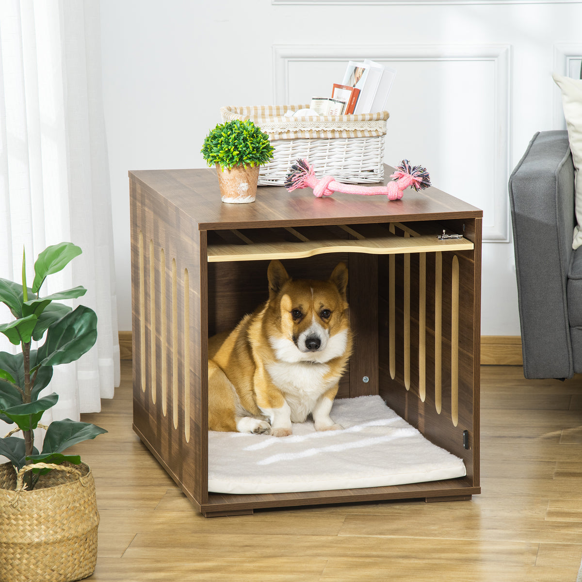 Furniture Style Dog Crate End Table with Removable Foam Cushion - Brown