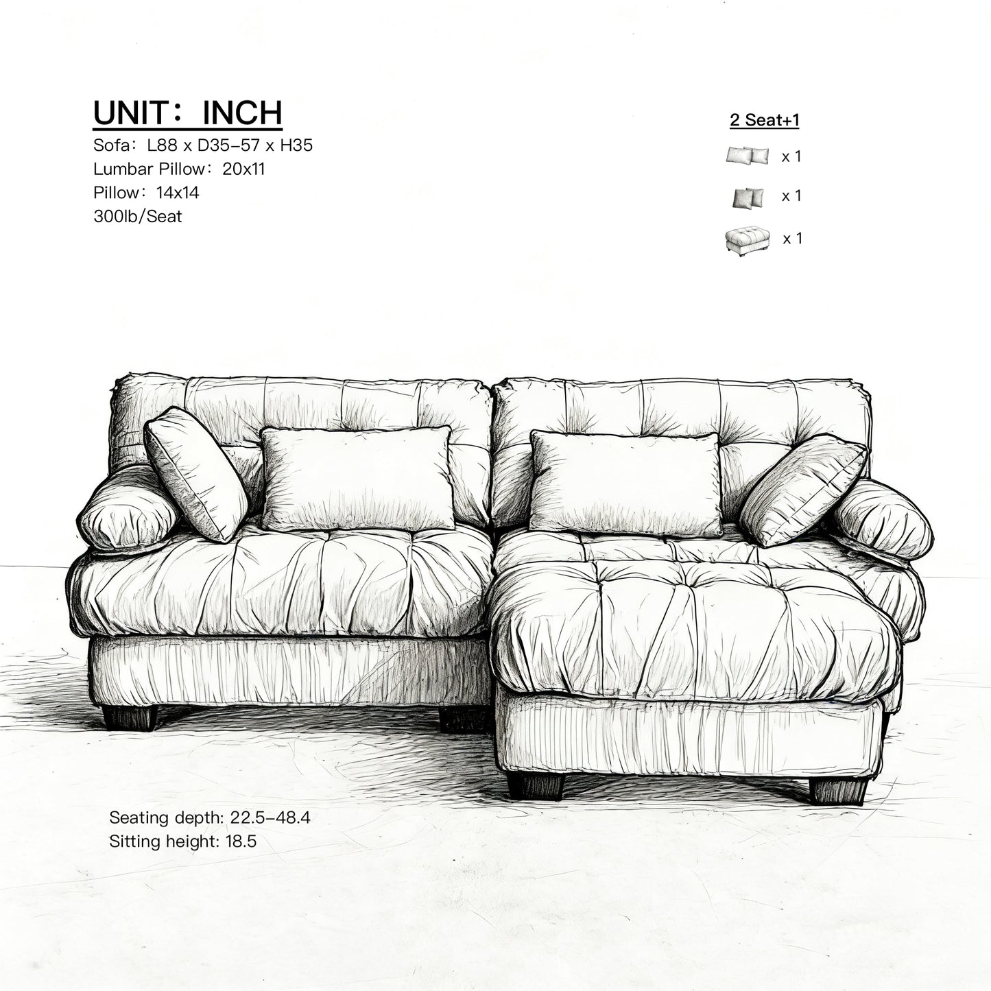 Modular Sectional Sofa Cloud Couch with Ottoman - Light Brown