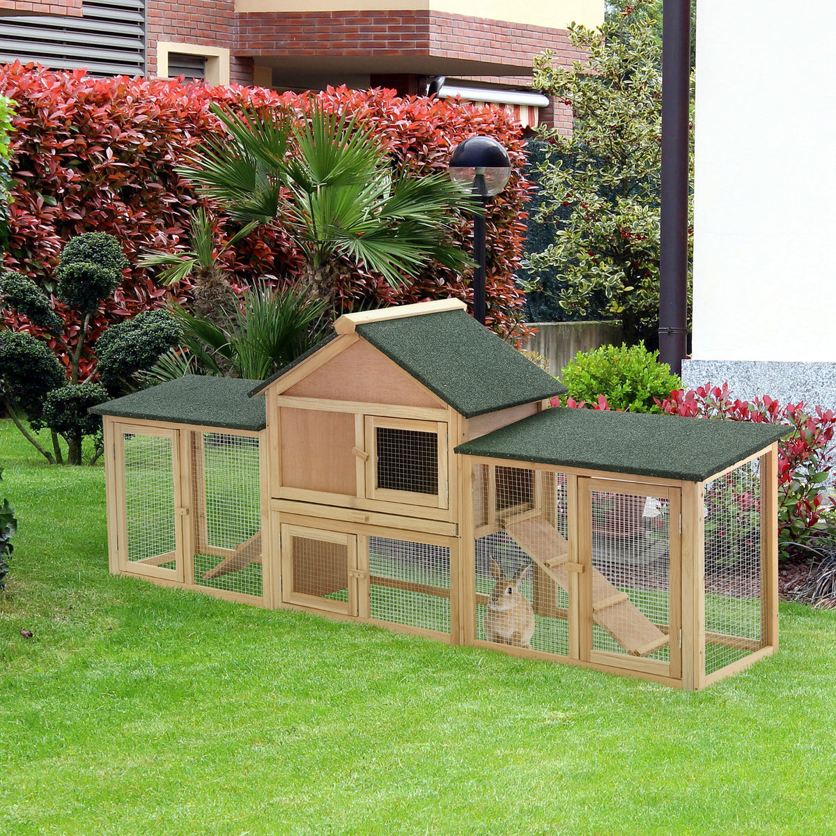 Outdoor Wooden Rabbit Hutch 83-Inch Large 2-Story Animal Cage with Ladder and Run