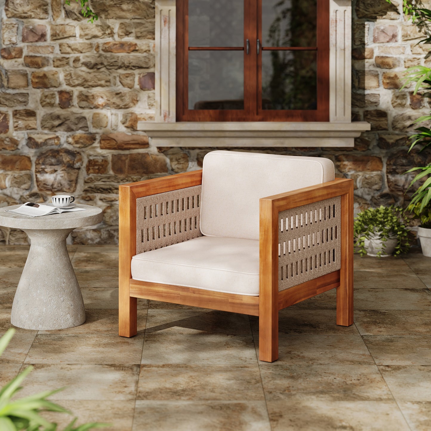 Acacia Wood Outdoor Club Chair with Beige Cushions & Rope Arms