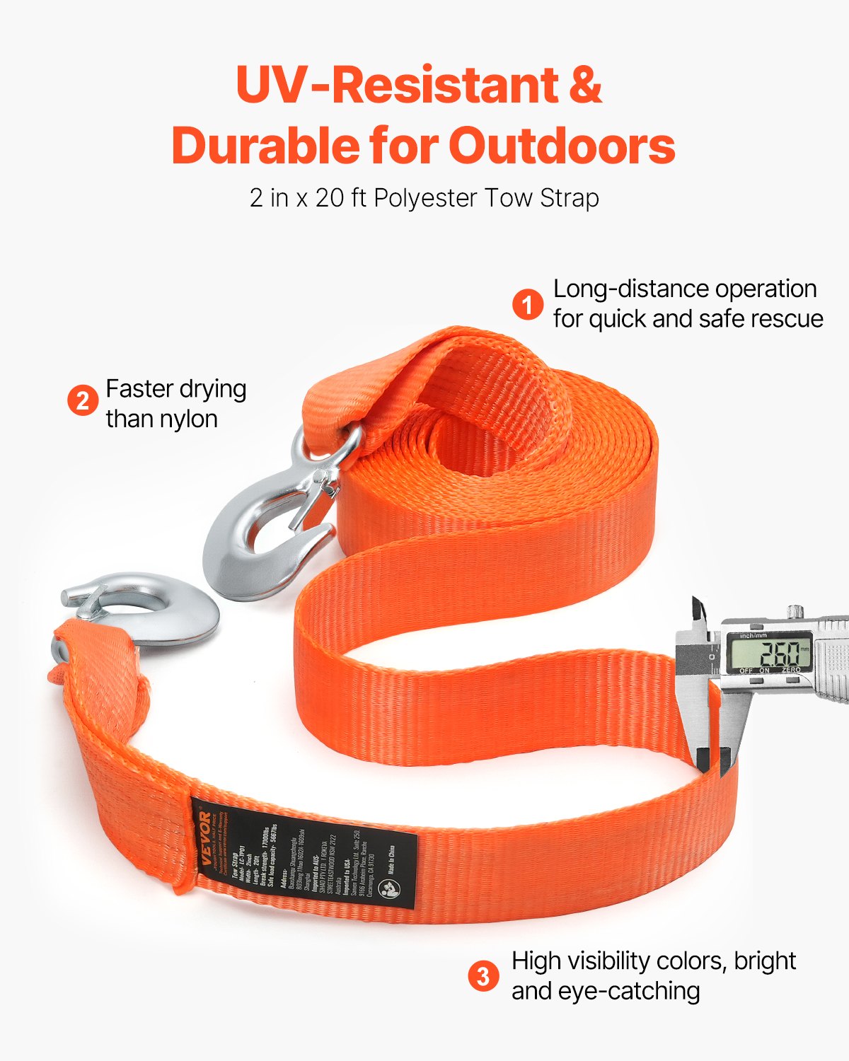 Heavy-Duty Tow Rope 17000 Lb Capacity 20 Ft Car Tow Cable with Hooks - Orange