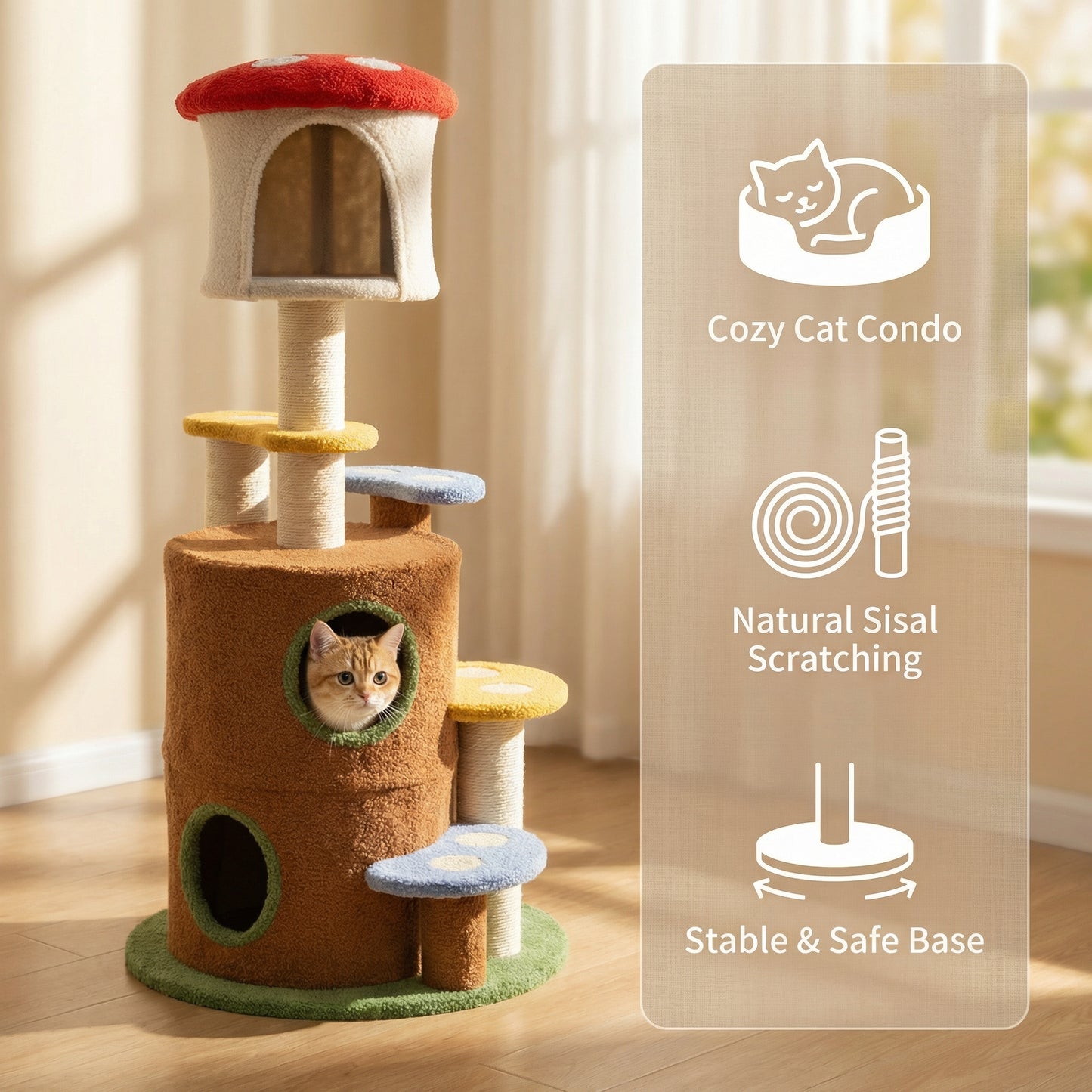 Large Mushroom Cat Tree with Condo, Platform & Ladder - Multi-Level Play & Rest
