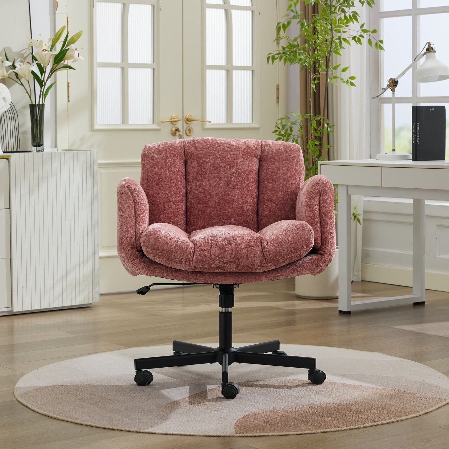 Chenille Swivel Office Chair - Adjustable Height & Armrests, Blush Pink