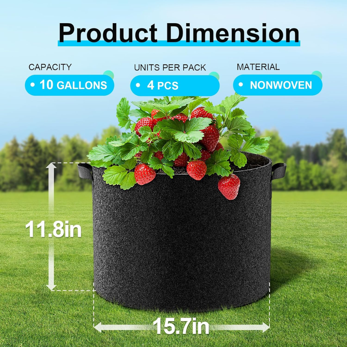 4 Pack 10 Gallon Fabric Grow Bags with Handles - Garden Planting Pots