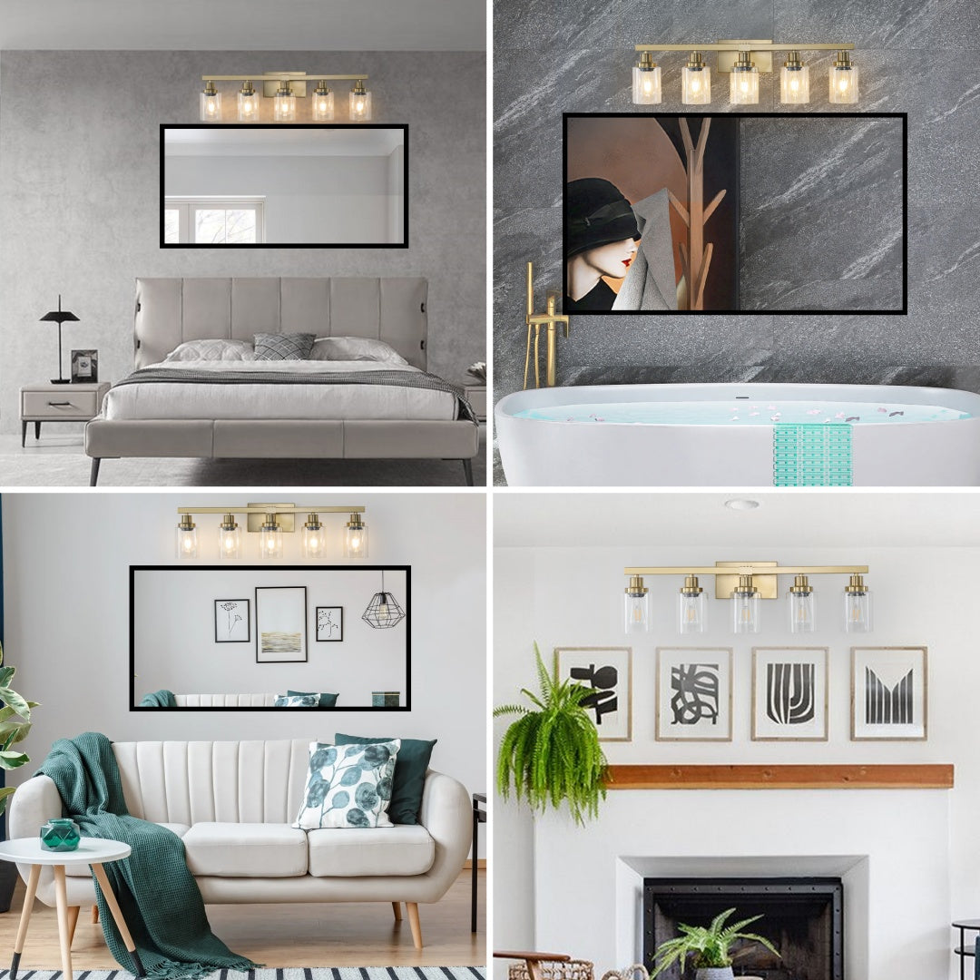 5-Light Golden Vanity Light Fixture with Clear Glass Shades