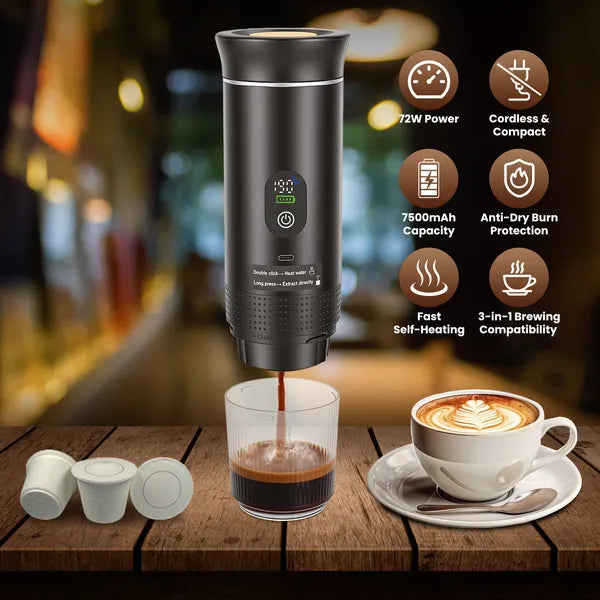 Portable 3-in-1 Espresso Machine Cordless Self-Heating Coffee Maker with 7500mAh Battery - Black