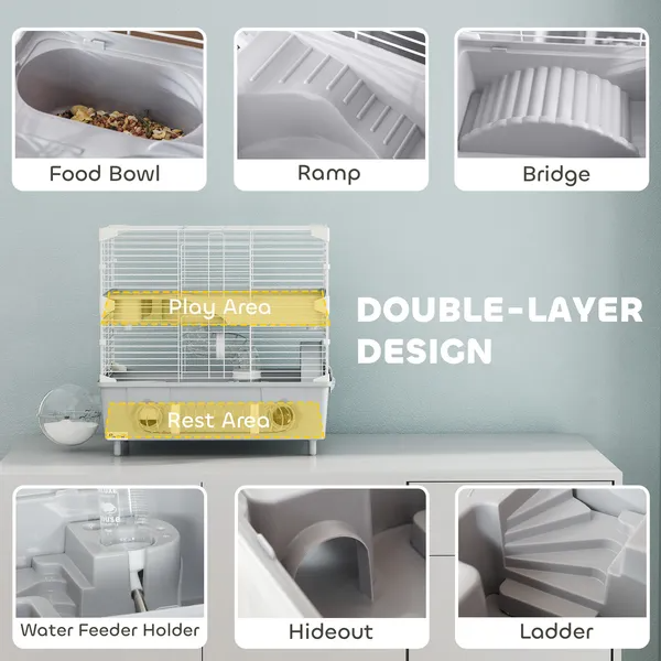 Hamster Cage with Sand Bathroom, Running Wheel & Accessories - Dual-Level Small Pet Habitat