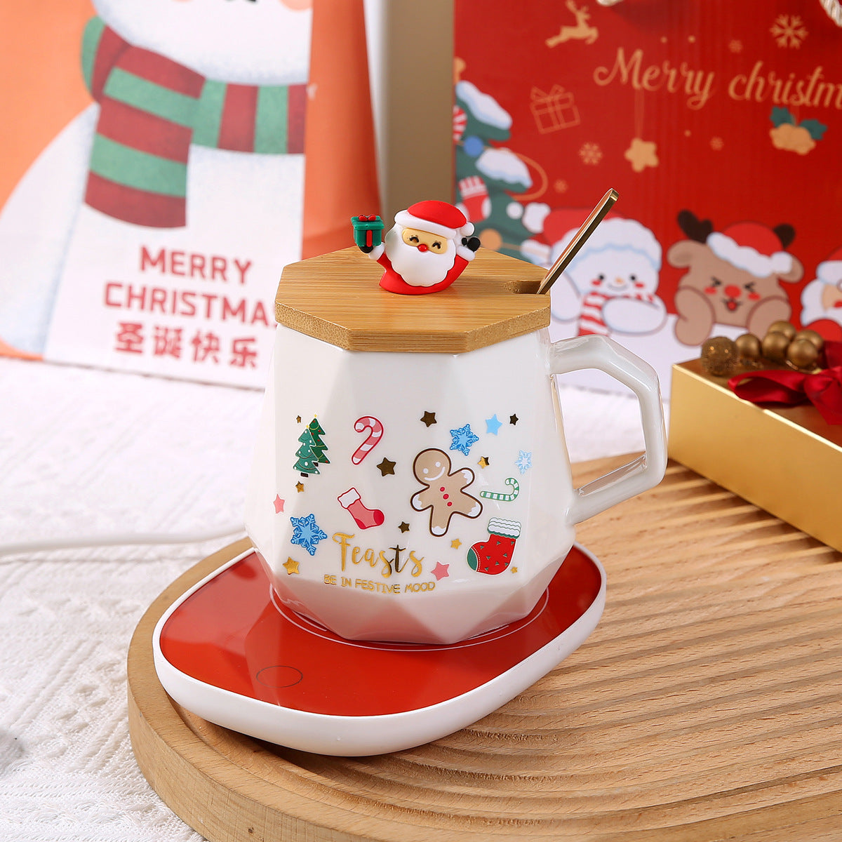 Christmas Gift Mug Set with USB Heating Coaster - Holiday Ceramic Cup