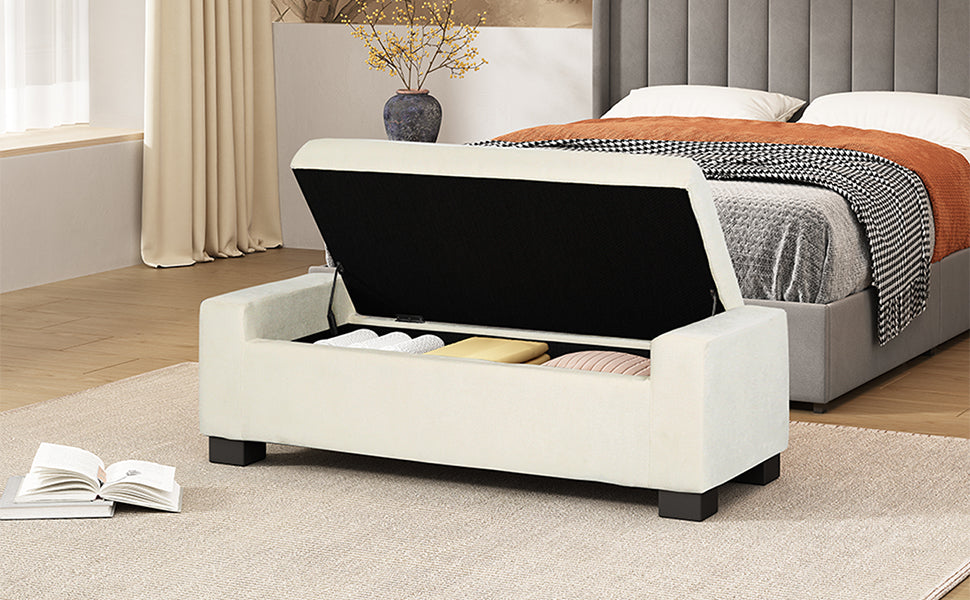 50-Inch White Storage Ottoman with Hinged Lid for Living Room & Bedroom