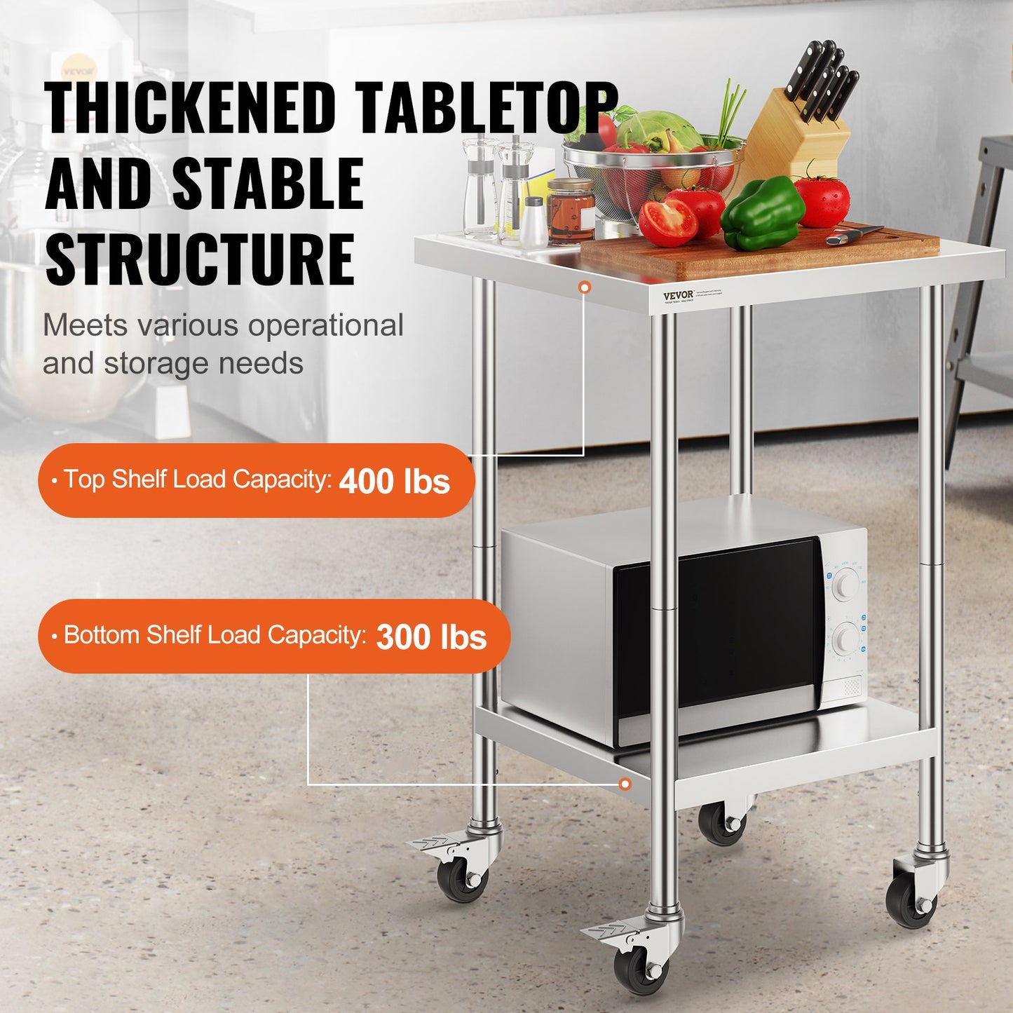 Heavy Duty Stainless Steel Work Table - 24x24x38 Inch with Wheels