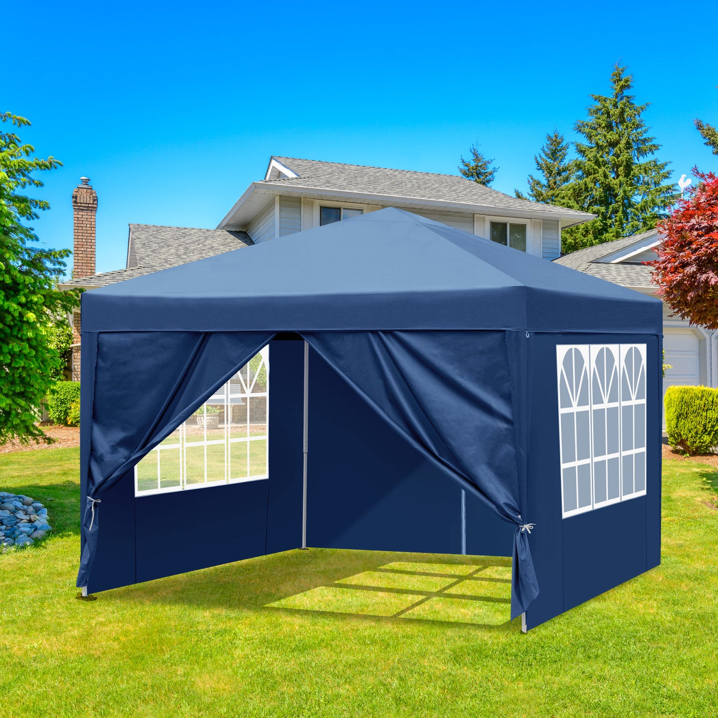 10x10ft Blue Waterproof Folding Tent with 2 Doors & 2 Windows