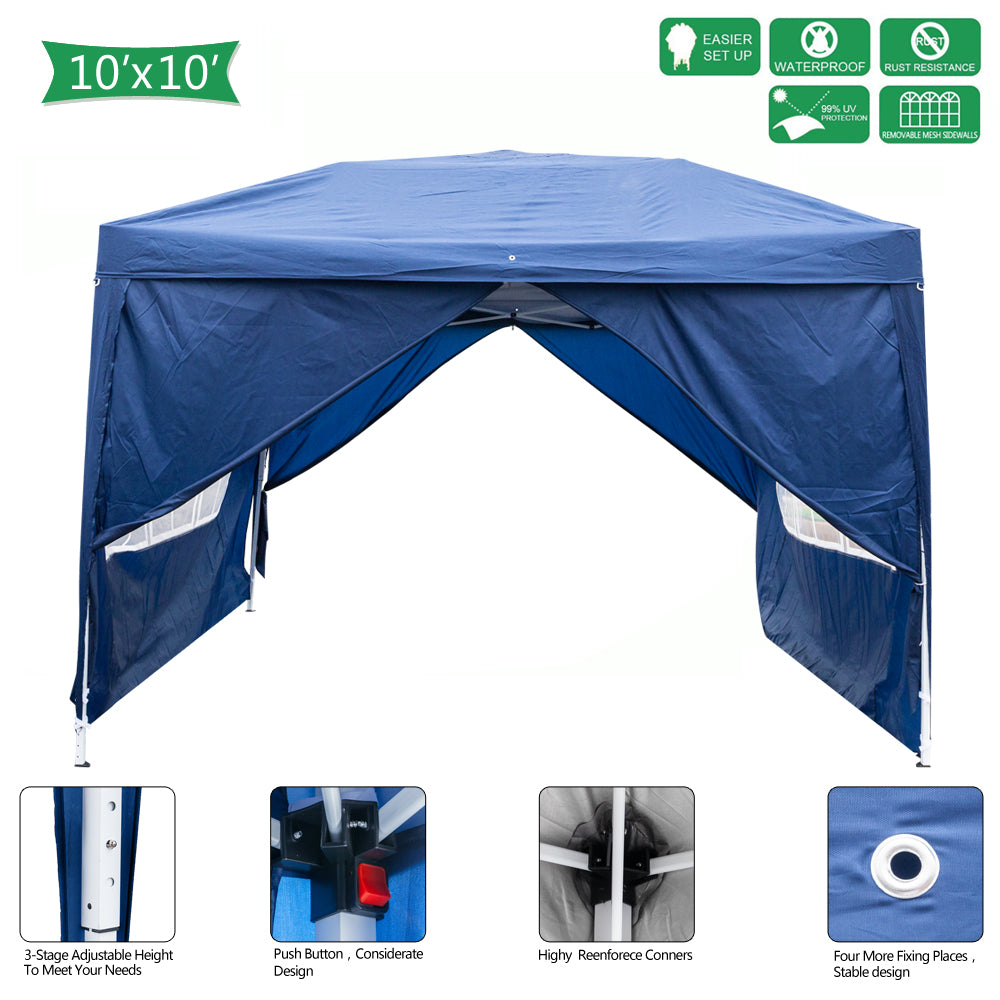 10x10ft Blue Waterproof Folding Tent with 2 Doors & 2 Windows