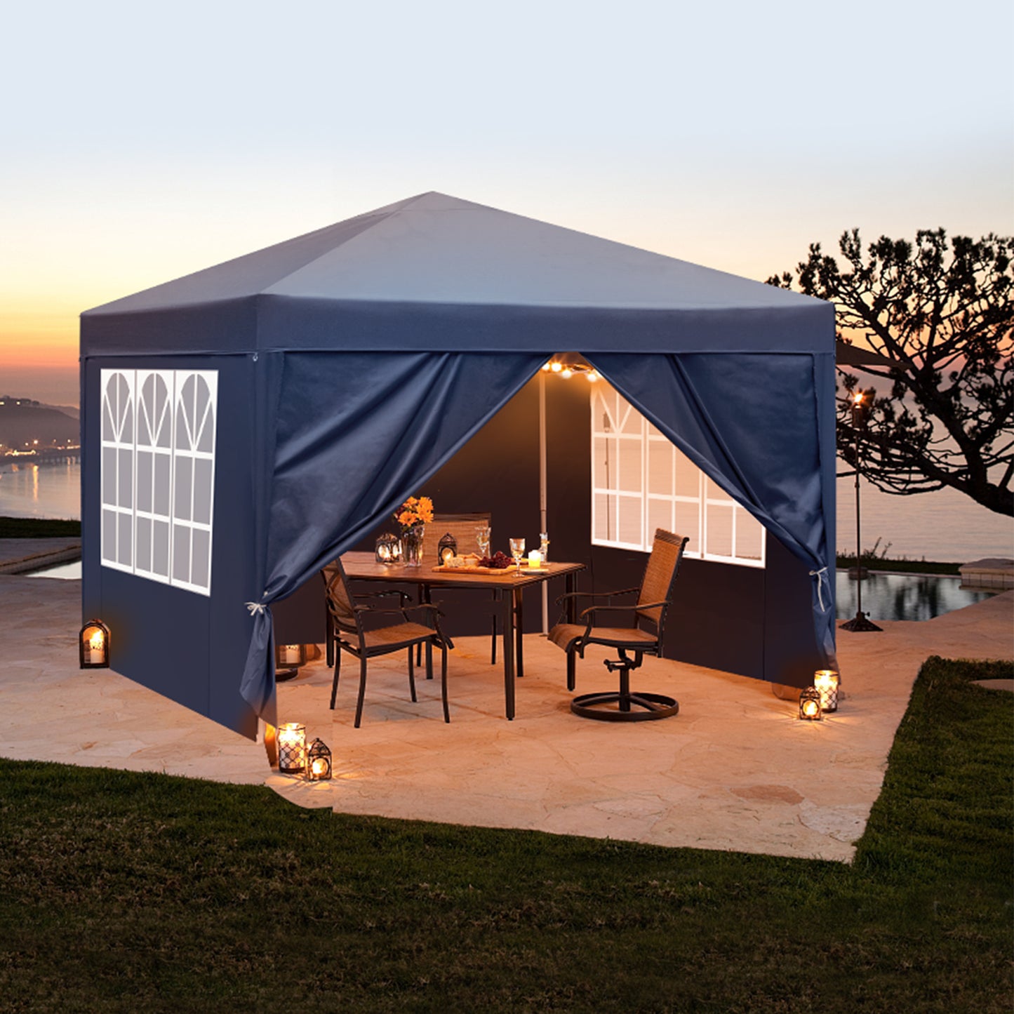 10x10ft Blue Waterproof Folding Tent with 2 Doors & 2 Windows