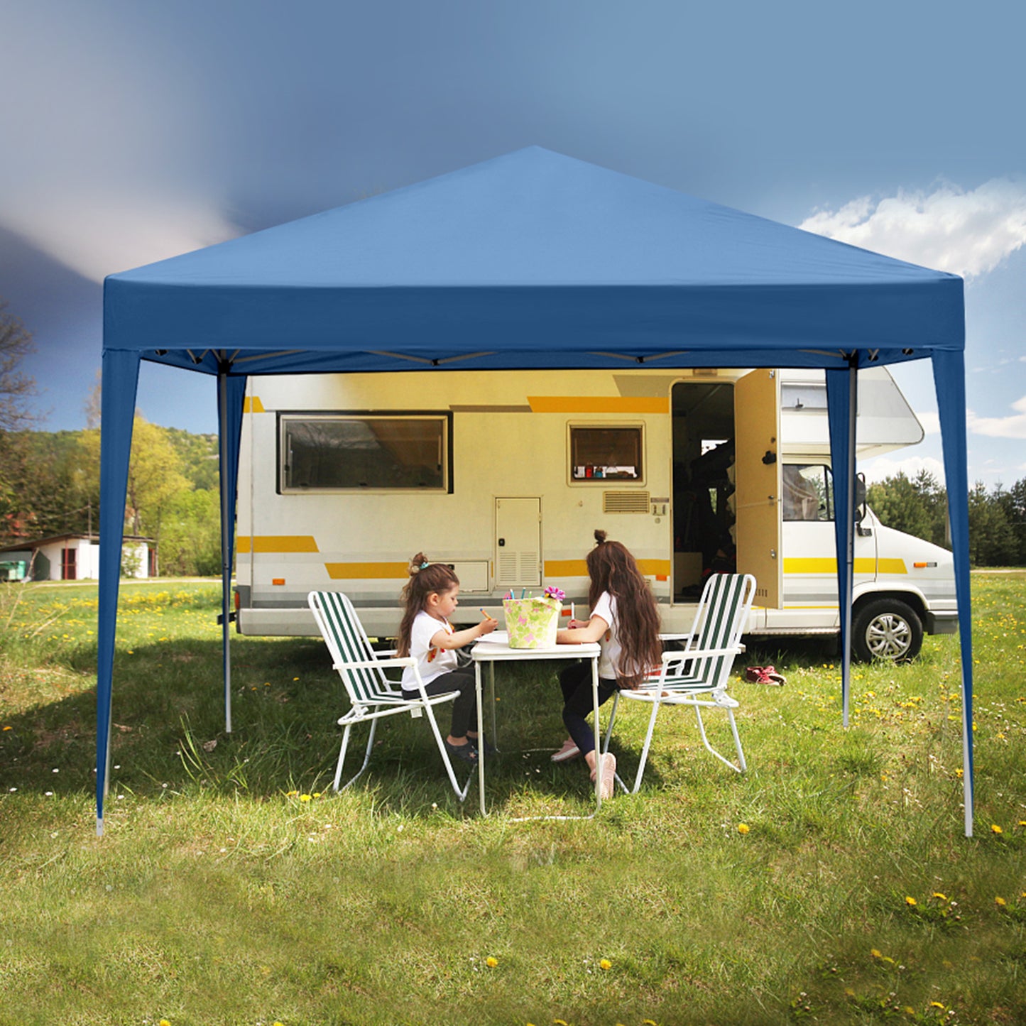 10x10ft Blue Waterproof Folding Tent with 2 Doors & 2 Windows