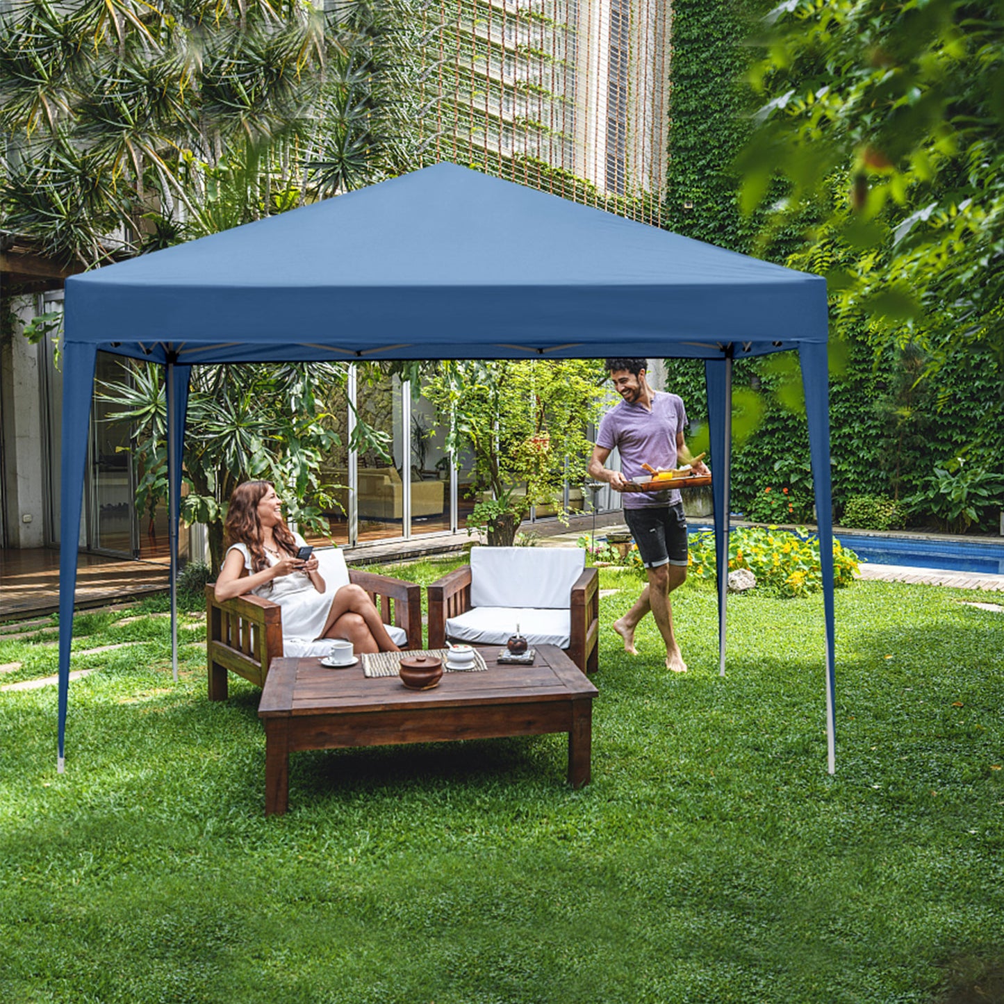 10x10ft Blue Waterproof Folding Tent with 2 Doors & 2 Windows