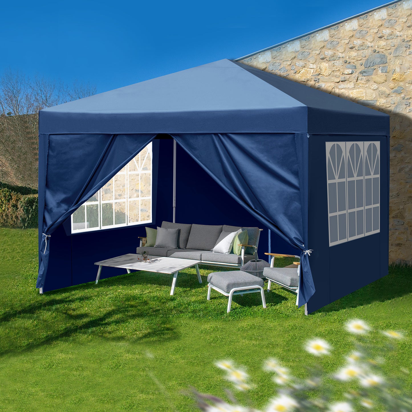 10x10ft Blue Waterproof Folding Tent with 2 Doors & 2 Windows