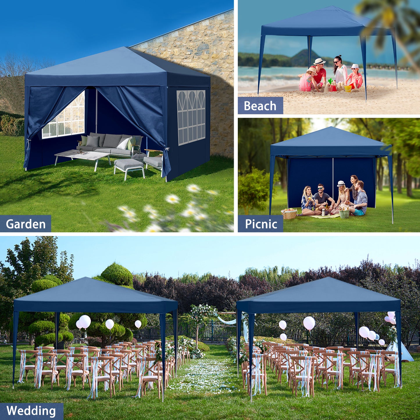 10x10ft Blue Waterproof Folding Tent with 2 Doors & 2 Windows