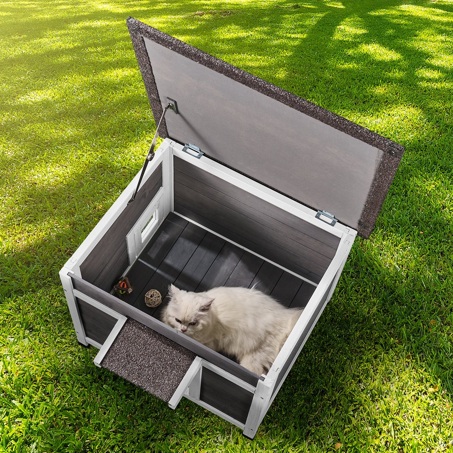 Outdoor Wooden Cat House with Roof, Door Flaps & Window - Feral Cat Shelter