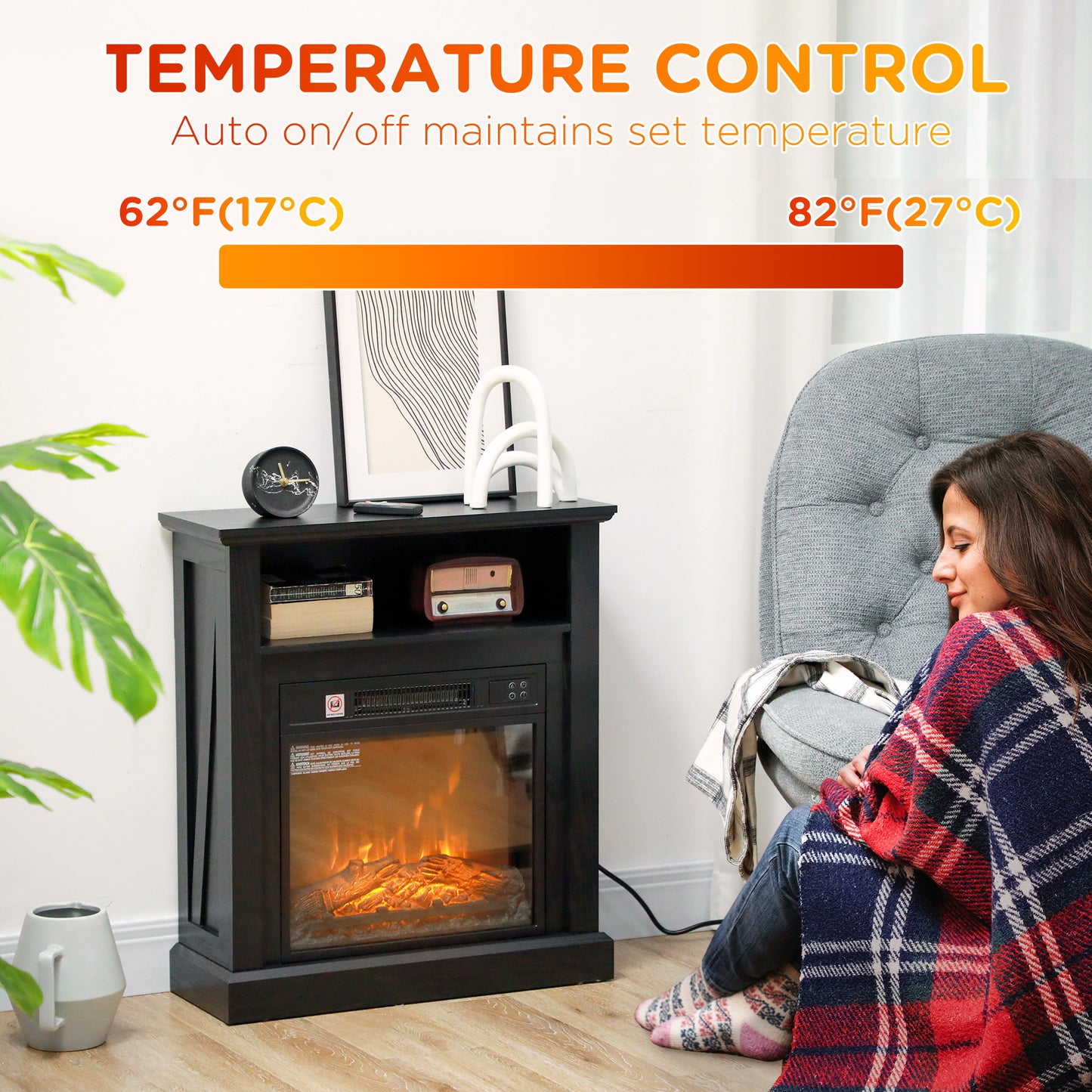 27-Inch Freestanding Electric Fireplace with Mantel - Realistic 3D Flame, Remote Control