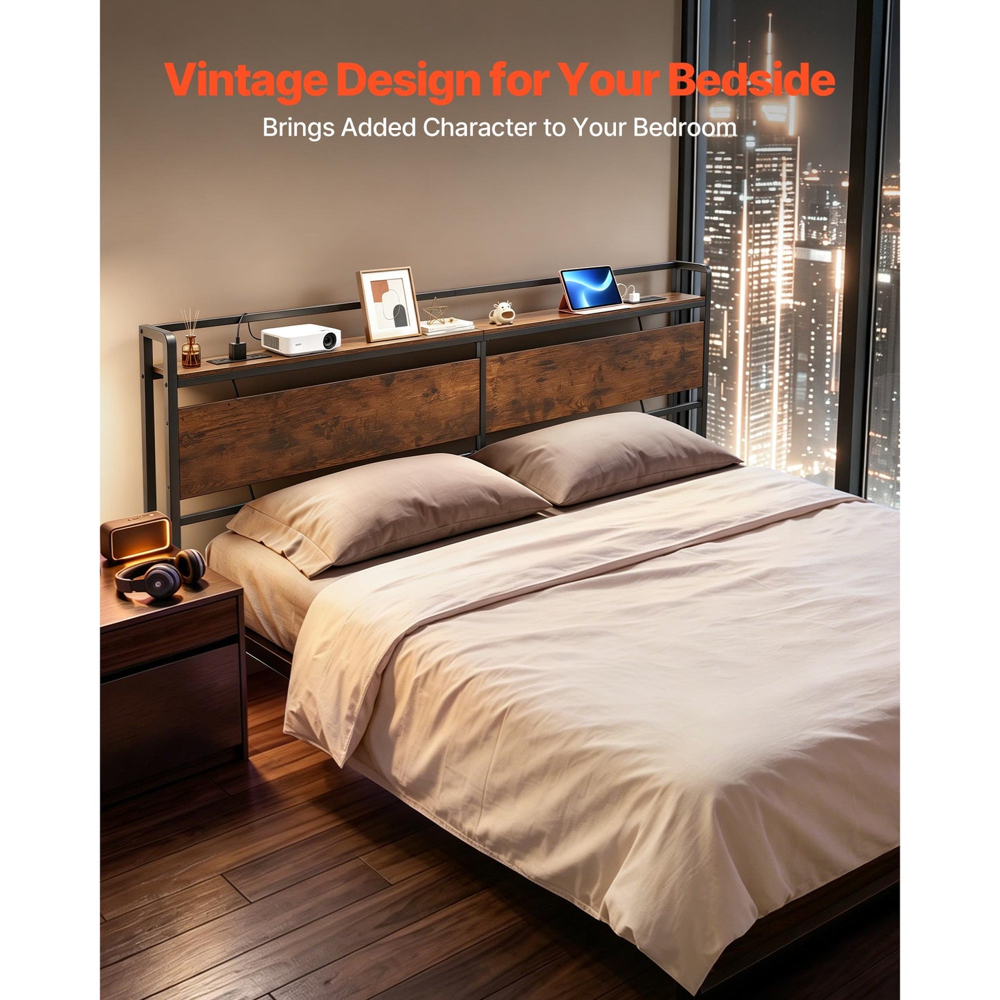 King Size Bed Headboard with Storage Shelf USB & Charging Ports - Adjustable & Sturdy Carbon Steel Frame, Black or Brown