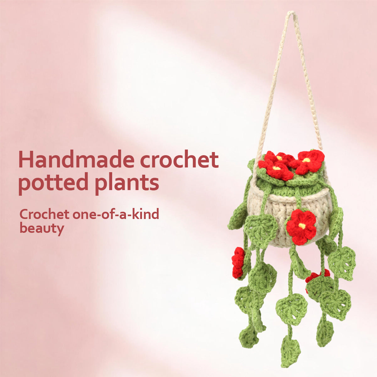 Handmade Crochet Hanging Potted Ornament with Red Blossoms & Green Vines - Indoor Home Decor