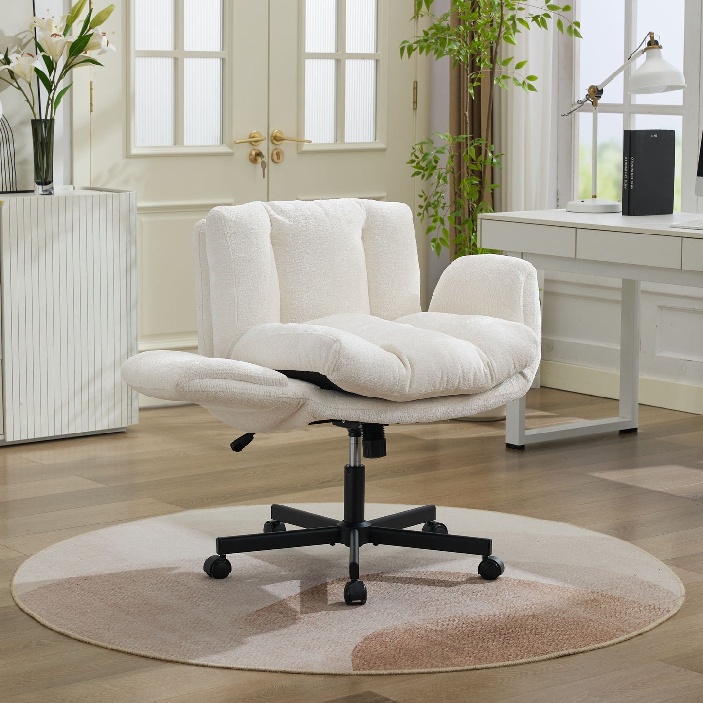 Chenille Swivel Office Chair - Height Adjustable with Armrests - Beige