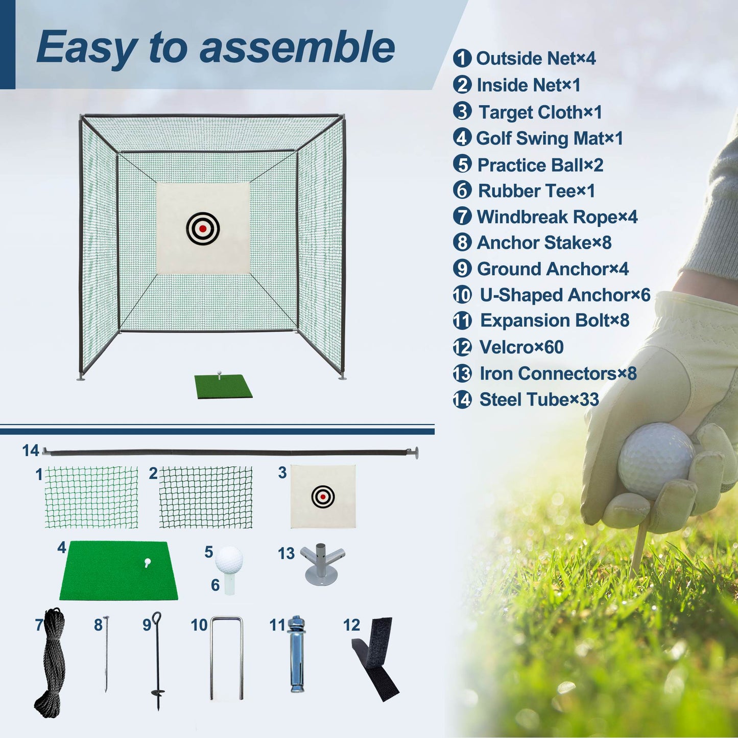 10x10x10 FT Golf Practice Net Cage - Indoor & Outdoor Use