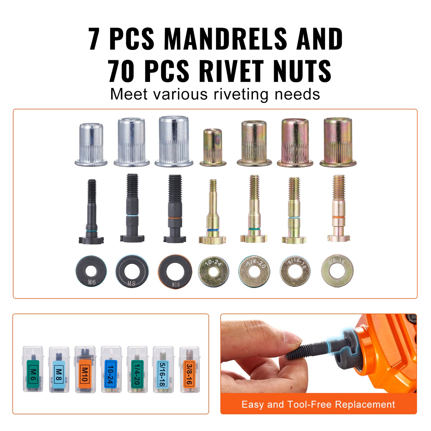Riveting Tool Kit with 70 Nuts & 7 Mandrels for DIY Repairs
