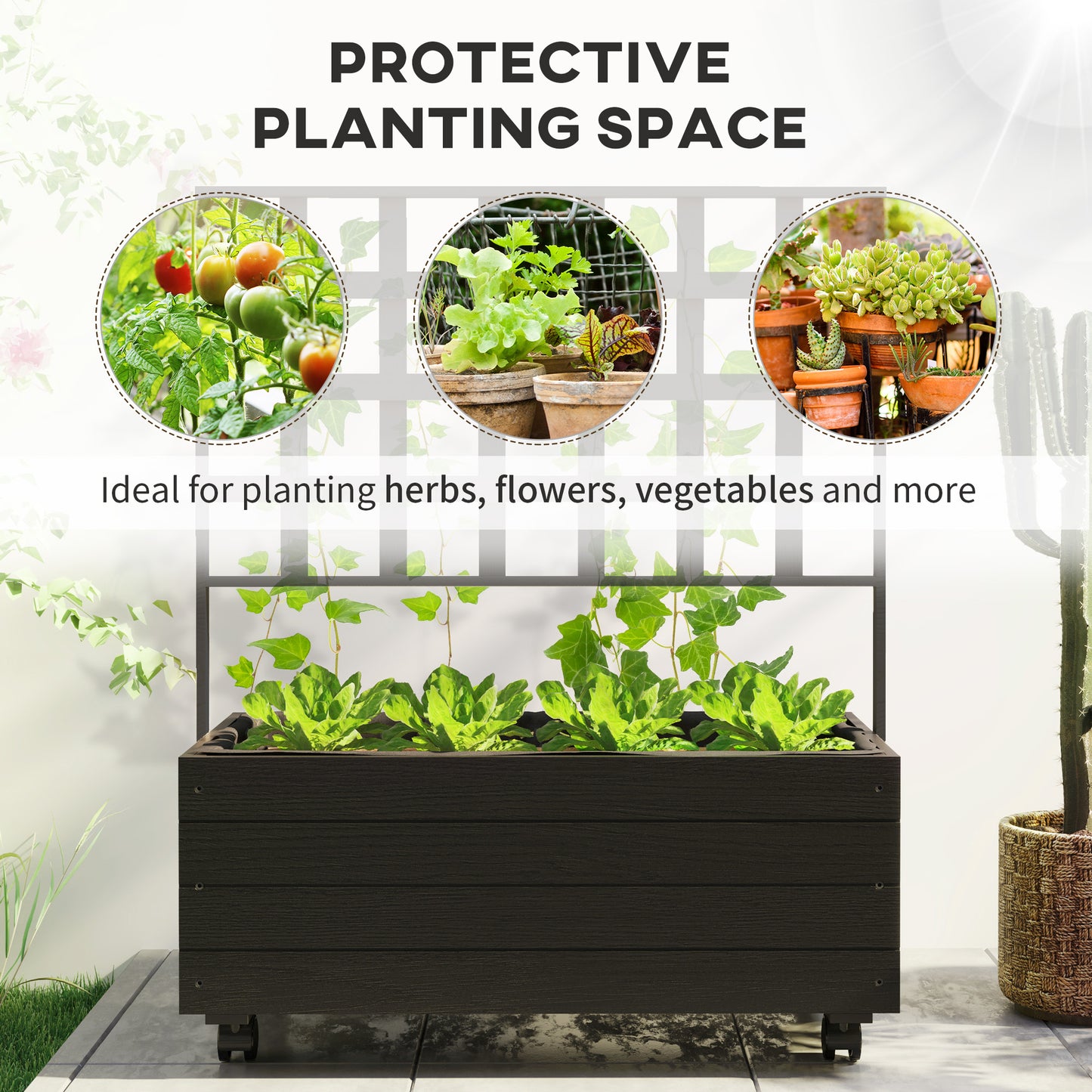Outdoor Raised Garden Bed with Trellis and Wheels - Wooden Planter for Garden, Patio, Balcony