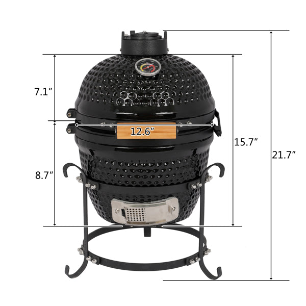 13in Round Charcoal Ceramic Grill Black for Outdoor Barbecue