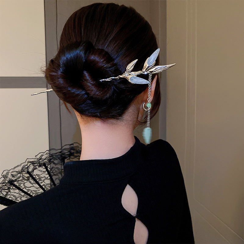 Alloy Leaf Hairpin with Tassel - Gold