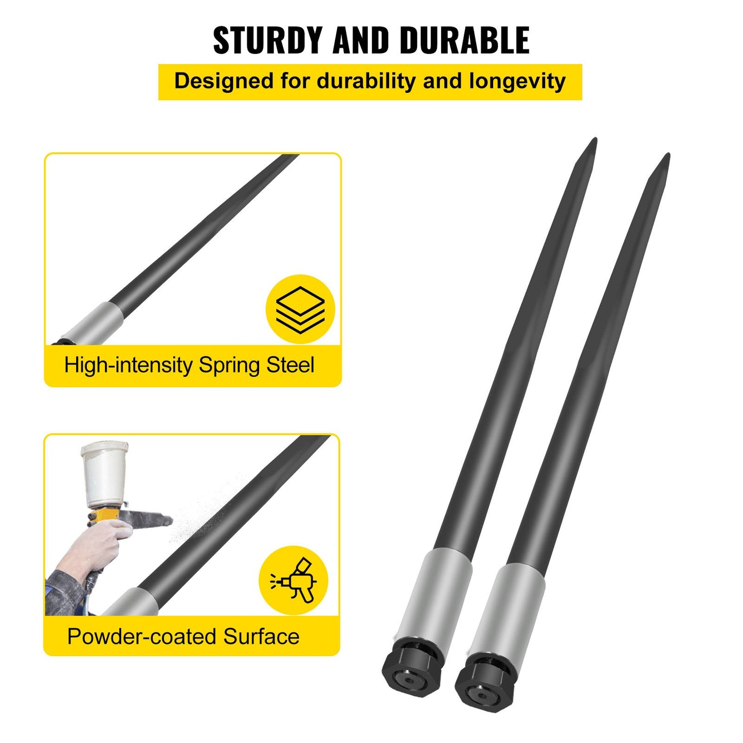 49-Inch Hay Bale Spear with 4000 Lb Capacity - Black Square Hay Fork for Tractors & Loaders