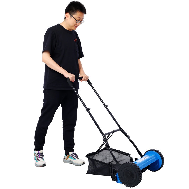 14-Inch Manual Reel Lawn Mower with Adjustable Blade & Grass Catcher - Blue