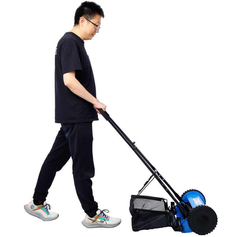 14-Inch Manual Reel Lawn Mower with Adjustable Blade & Grass Catcher - Blue
