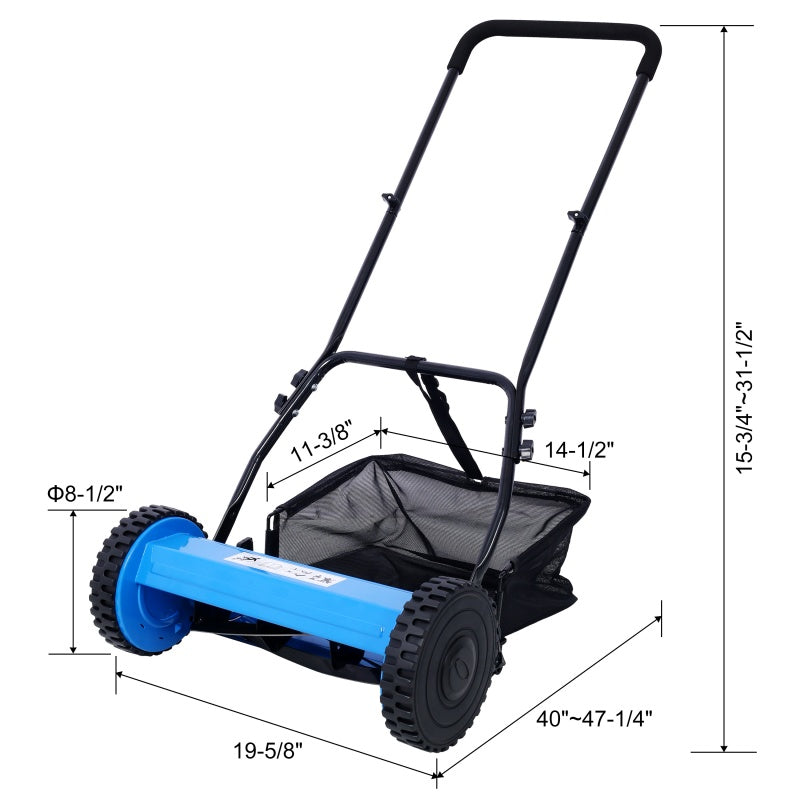 14-Inch Manual Reel Lawn Mower with Adjustable Blade & Grass Catcher - Blue