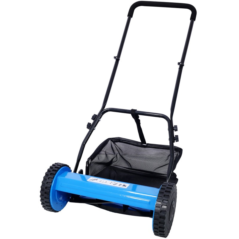 14-Inch Manual Reel Lawn Mower with Adjustable Blade & Grass Catcher - Blue