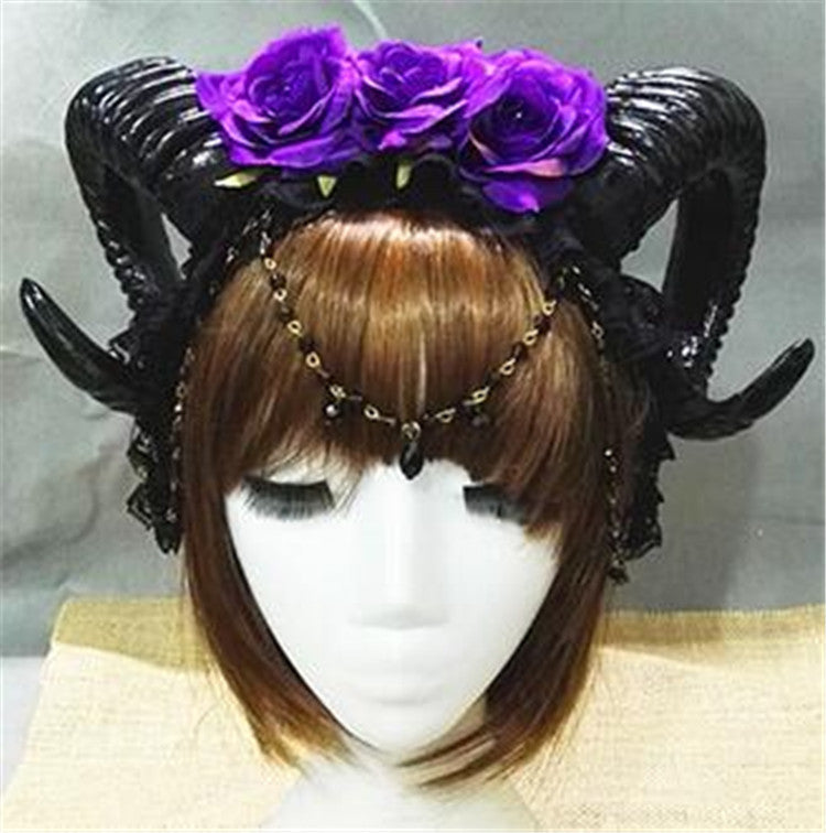 Halloween Vampire Headband with Roses and Horn Veil - Festive Hair Accessory