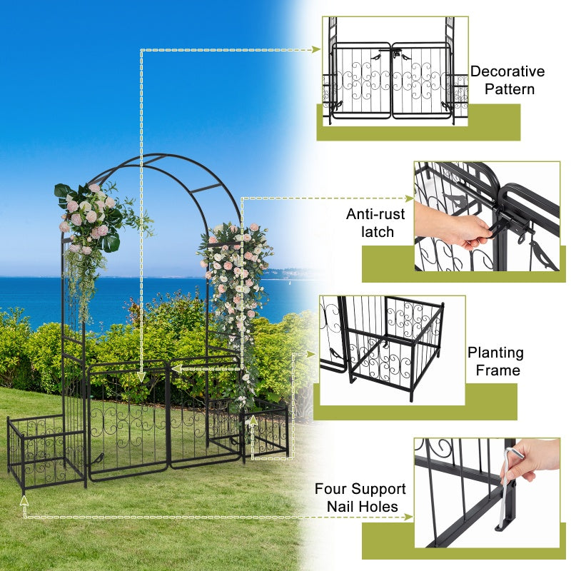 7.2ft Black Iron Garden Arch with Door and Planting Frame for Courtyard