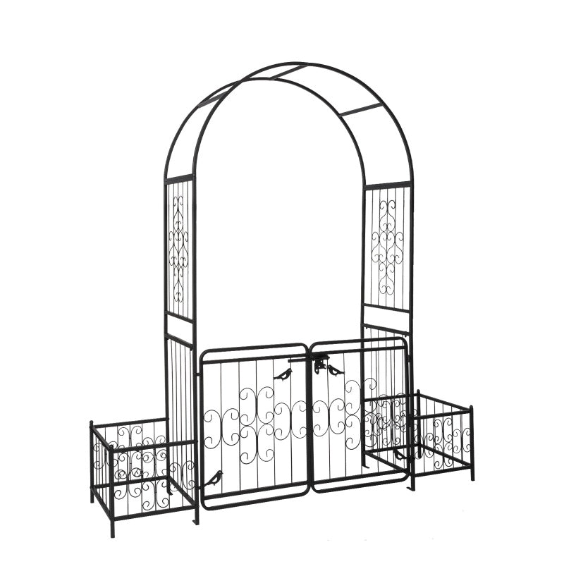 7.2ft Black Iron Garden Arch with Door and Planting Frame for Courtyard