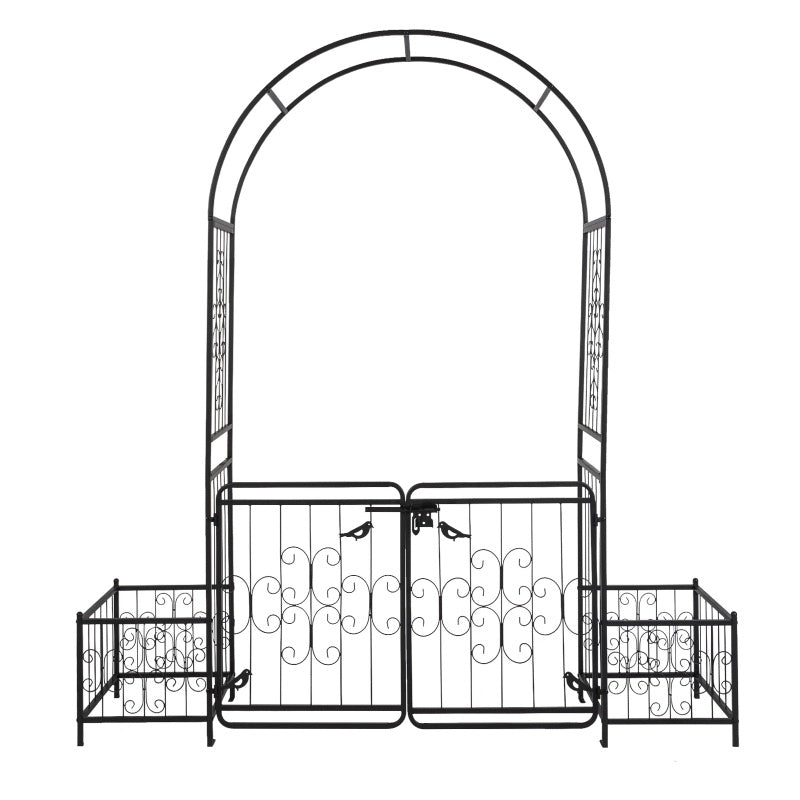 7.2ft Black Iron Garden Arch with Door and Planting Frame for Courtyard
