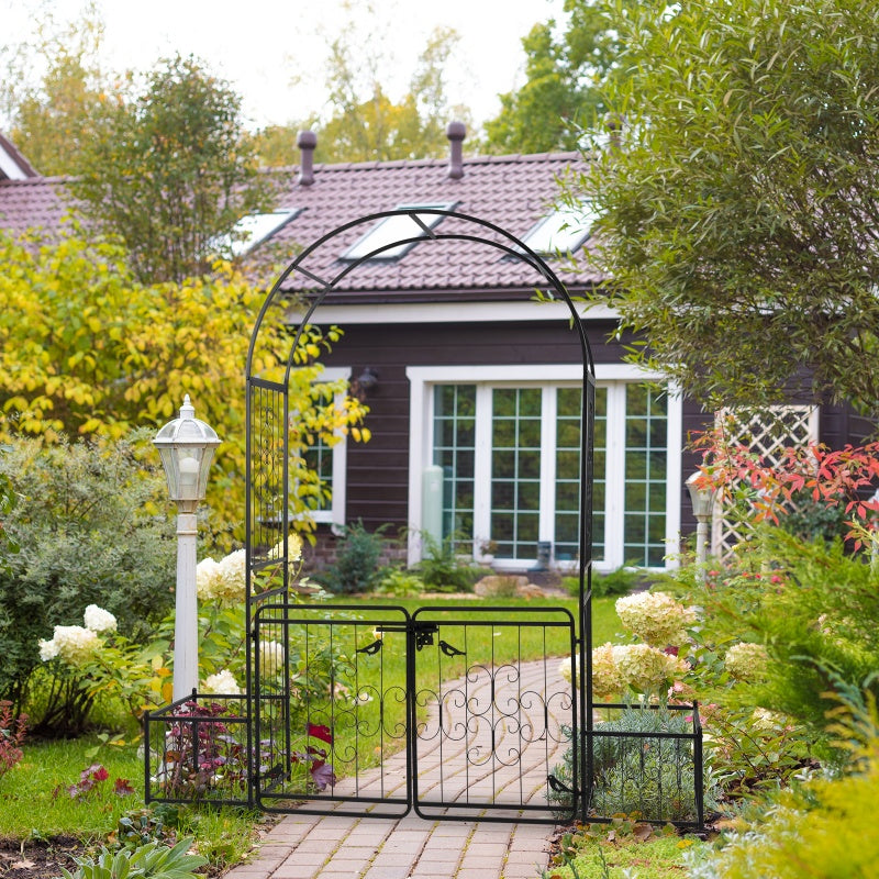 7.2ft Black Iron Garden Arch with Door and Planting Frame for Courtyard