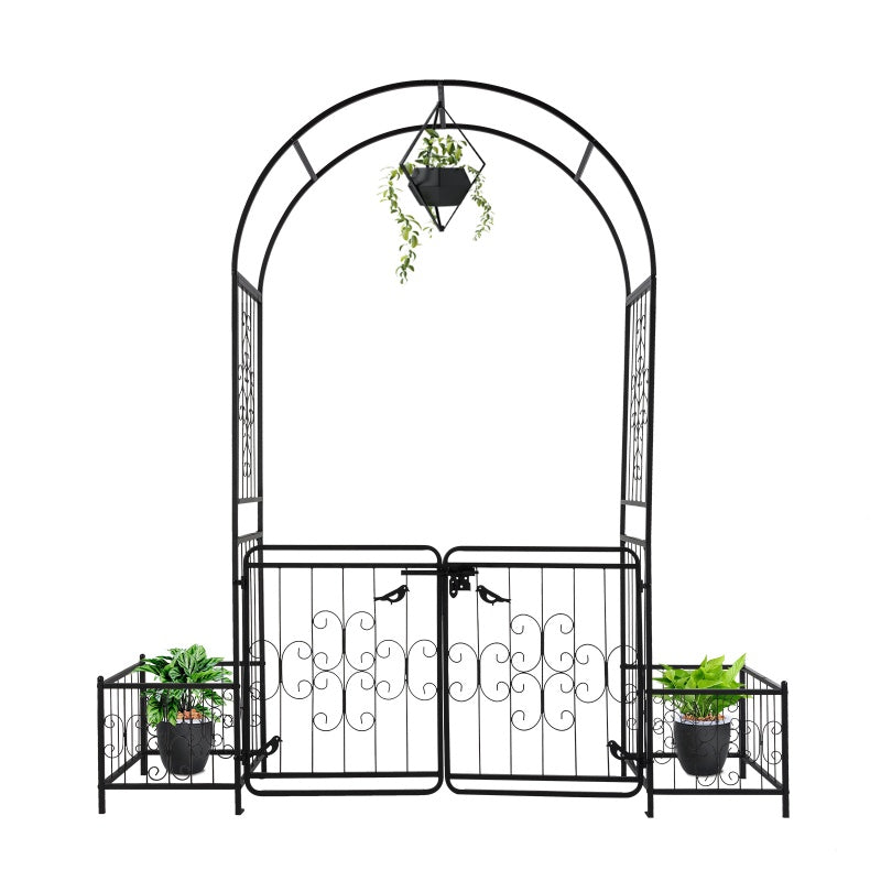 7.2ft Black Iron Garden Arch with Door and Planting Frame for Courtyard