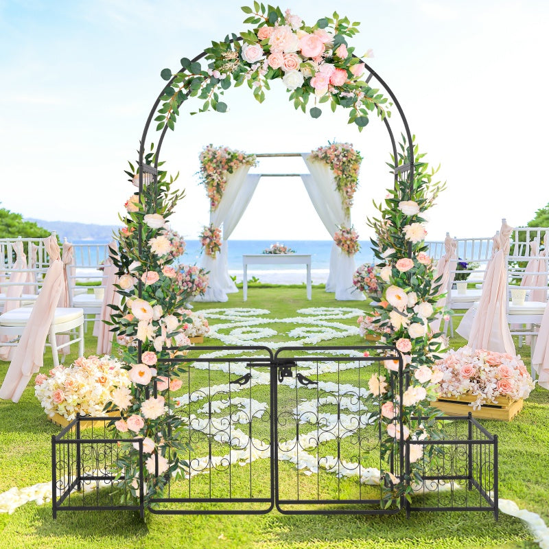 7.2ft Black Iron Garden Arch with Door and Planting Frame for Courtyard