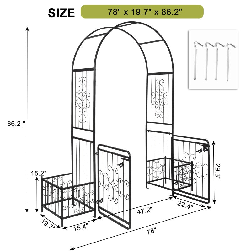 7.2ft Black Iron Garden Arch with Door and Planting Frame for Courtyard