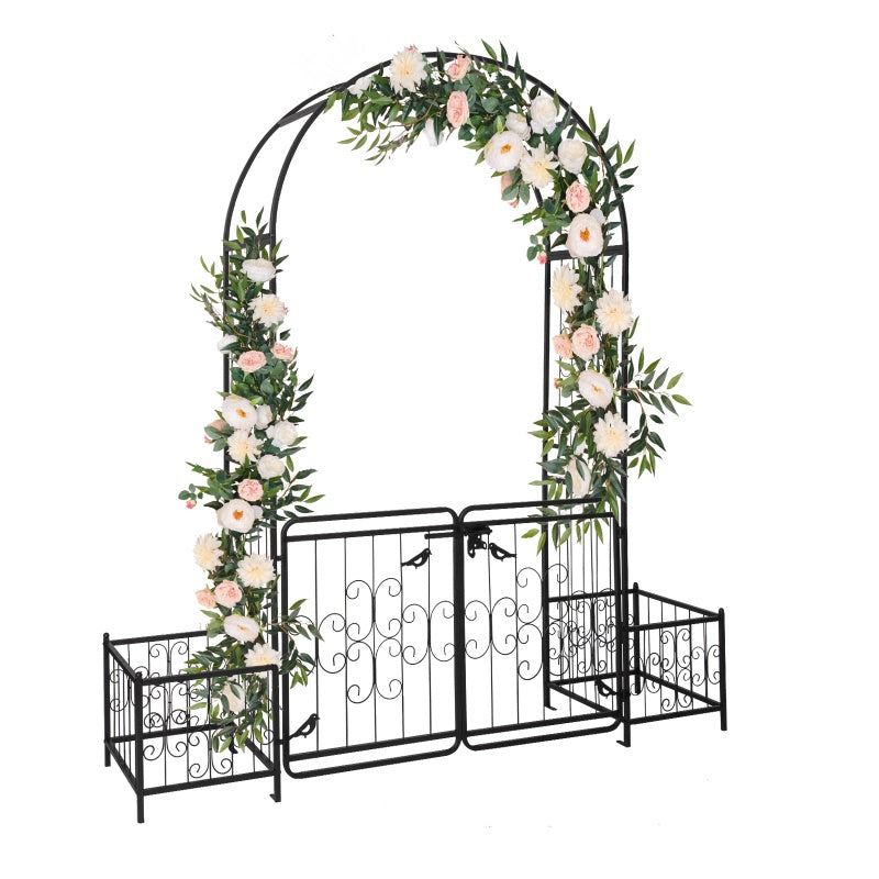 7.2ft Black Iron Garden Arch with Door and Planting Frame for Courtyard