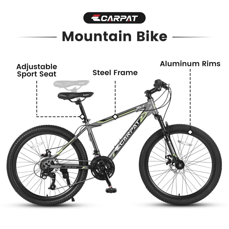 24 Inch Mountain Bike for Boys & Girls - Shimano 21 Speed, Dual Disc Brakes