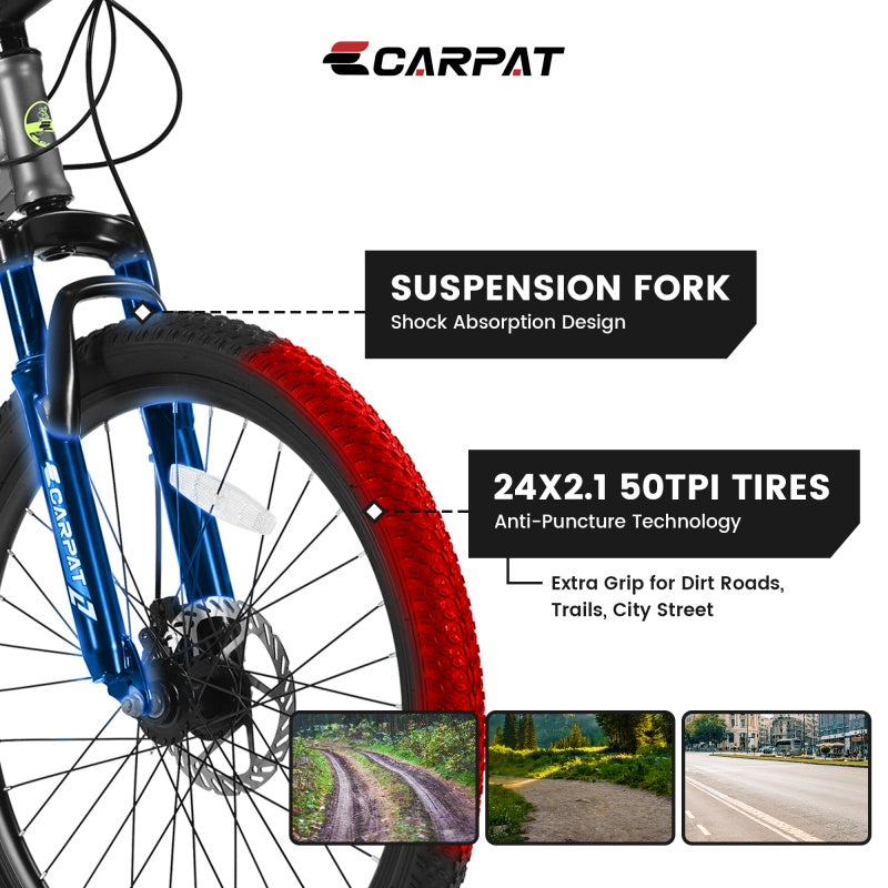 24 Inch Mountain Bike for Boys & Girls - Shimano 21 Speed, Dual Disc Brakes