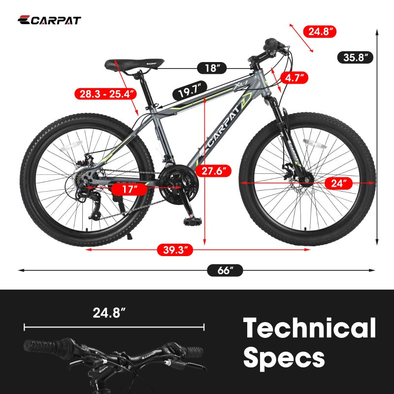 24 Inch Mountain Bike for Boys & Girls - Shimano 21 Speed, Dual Disc Brakes